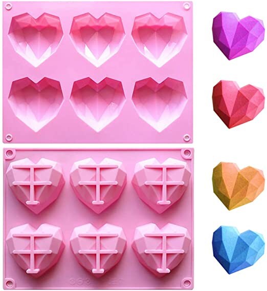 Pink Diamond Geometric Heart Silicone Mold for Chocolate, 6 Cavities Non-stick Easy Release, Silicone Mold Tray for Chocolate, Soap