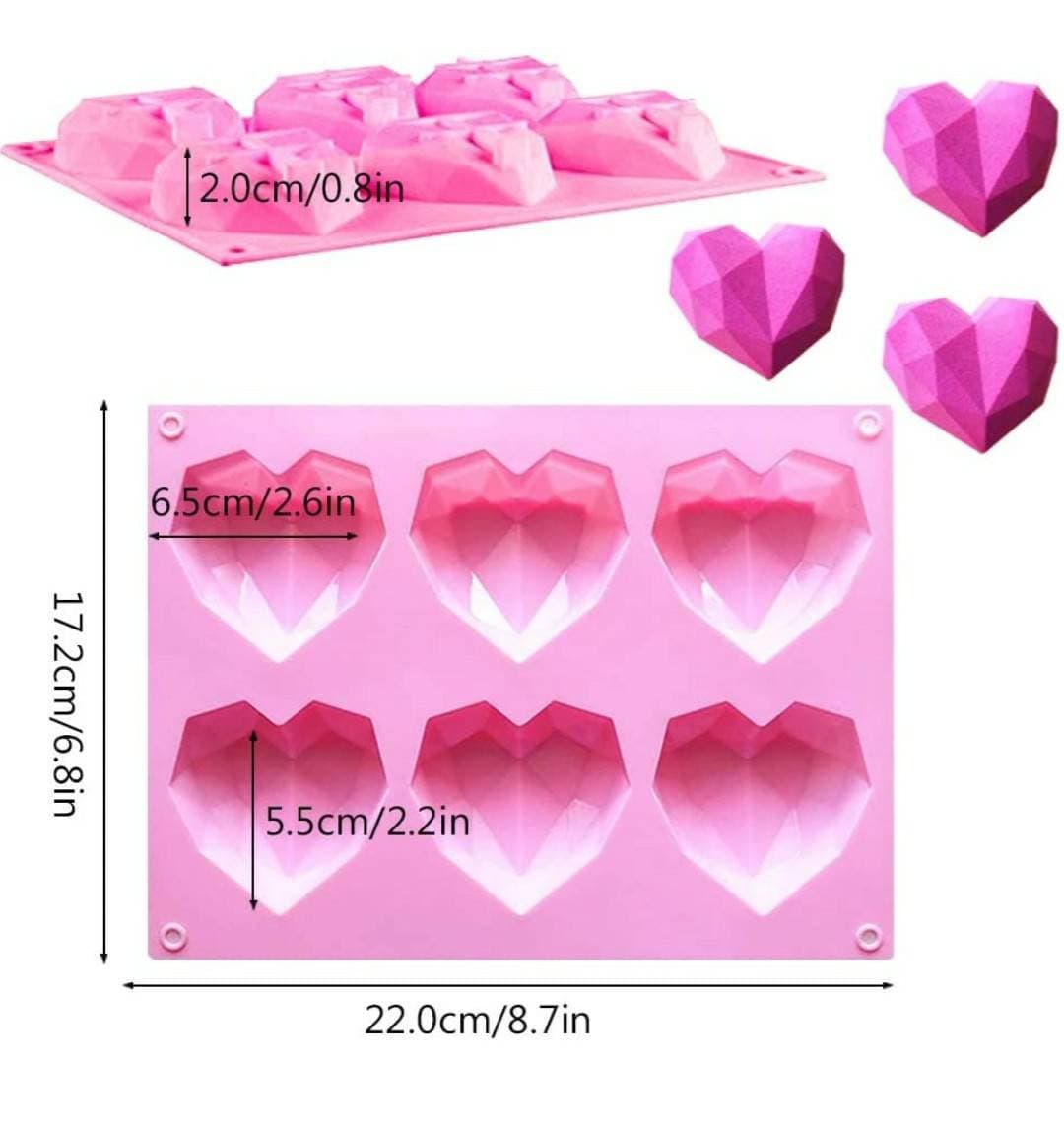 Pink Diamond Geometric Heart Silicone Mold for Chocolate, 6 Cavities Non-stick Easy Release, Silicone Mold Tray for Chocolate, Soap