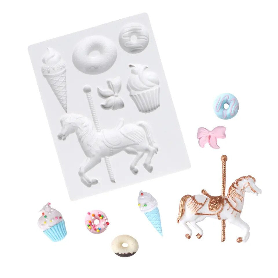 Carousel Candyland Birthday Theme cake Mold - ice cream bow donut Silicone Fondant Candy Chocolate Decoration Baking tool