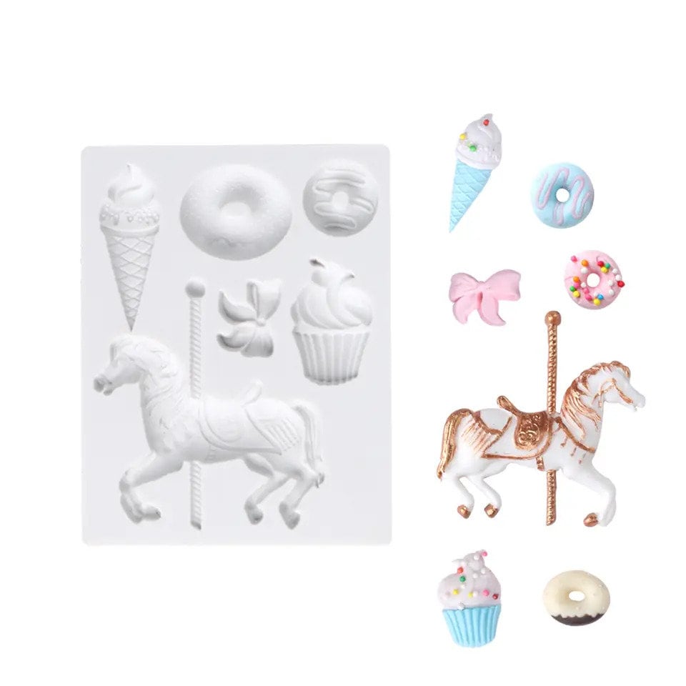 Carousel Candyland Birthday Theme cake Mold - ice cream bow donut Silicone Fondant Candy Chocolate Decoration Baking tool