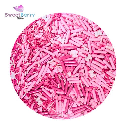 Barbie theme sprinkles - pink and white rods, sprinkles, bowties