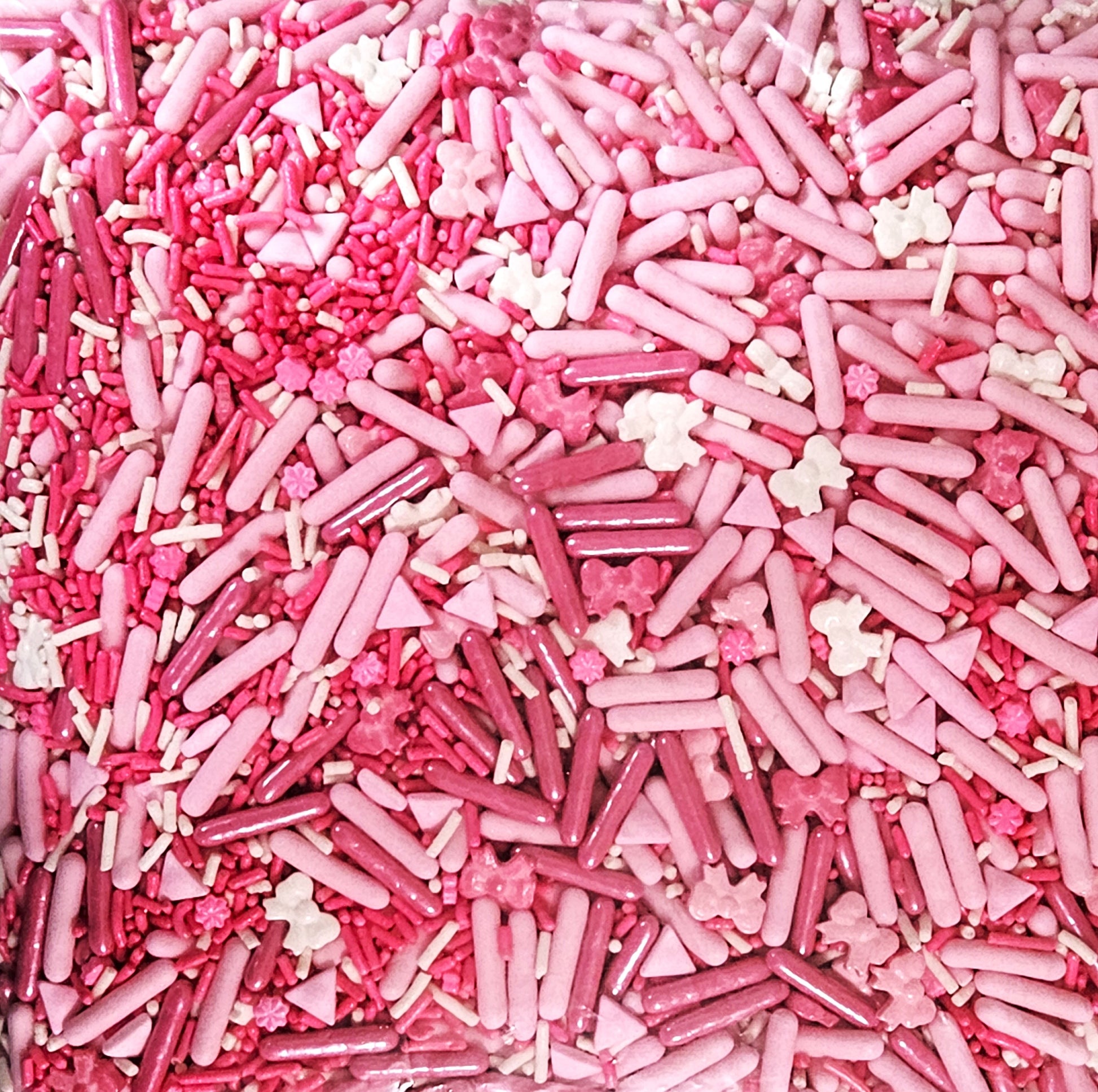 Barbie theme sprinkles - pink and white rods, sprinkles, bowties